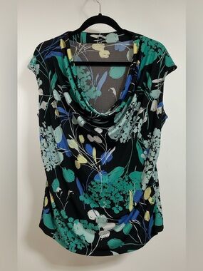 Worthington Black Cowl-Neck Floral Top with Teal and Blue Accents